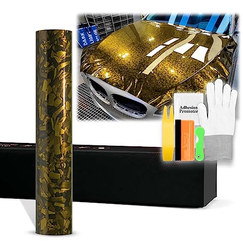 20"x60" (1.6FTx5FT) Golden Yellow PET Marble Forged Carbon Fiber Textured Gloss Vinyl Wrap Auto Car Sticker Decal Film Sheet Bubble Free Air Release Technology with Tool Kit - color: Golden Yellow, size: 20"x60" (1.6FTx5FT)