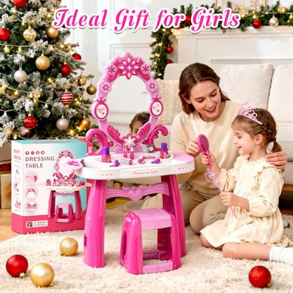 Toddler Vanity Kids Vanity Table and Chair Set, Girls Makeup Table with Mirror Lights & Music, Pretend Play Dress Up Toys with Hair Dryer, Princess Crown & Wand, Storage Bag, Gifts for Girls Age 3 4 5