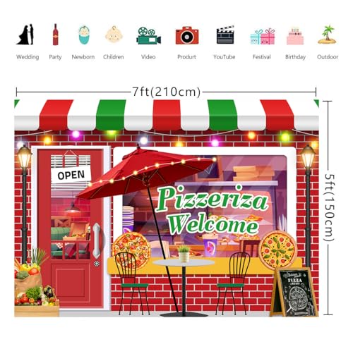 7x5ft Pizza Shop Backdrop Food Vintage Pizzeria Photography Background Pizza Party Decorations for Birthday Newborn Baby Shower Pizzeria Shop Photo Booth Props - size: 7x5ft
