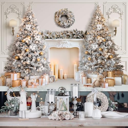 Mocsicka Classic Christmas Interior Room Photography Backdrop White Christmas Fireplace Photo Background Decorated Xmas Tree Family Kids Holiday Party Banner Decorations Photo Booth Props (8x6ft) - size: 8x6ft