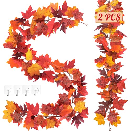 Helimoto Fall Garland, 2 Pack Fall Decorations for Home, Artificial Hanging 11.8 FT Fall Mantle Garland for Indoor Outdoor Autumn Thanksgiving Halloween Decor Wedding Fireplace Mantle Decorations - color: Red Yellow, size: 2 Pcs