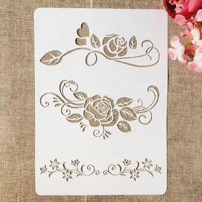 TIAMECH A4 Reusable Rose Lines Stencil for Painting - Floral Strip Border Layering Template, DIY Wall Art, Wood Furniture, Scrapbook & Crafts (8.3x11.7inch) - style: Rose Lines