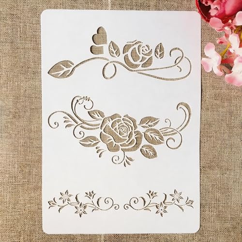 TIAMECH A4 Reusable Rose Lines Stencil for Painting - Floral Strip Border Layering Template, DIY Wall Art, Wood Furniture, Scrapbook & Crafts (8.3x11.7inch) - style: Rose Lines