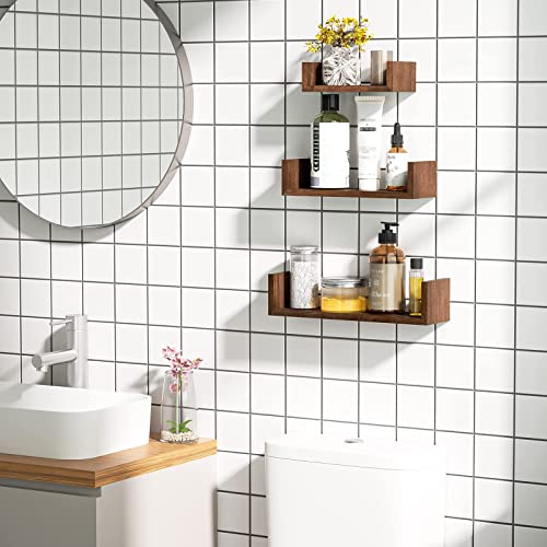 SRIWATANA Floating Shelves Wall Mounted, Solid Wood Wall Shelves Set of 3, Dark Brown… - color: Dark Brown