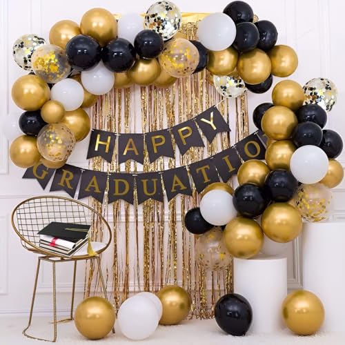 72 Pack Black Gold Confetti Balloons Kit, 12 Inch Black Gold White Balloons and Gold Confetti Balloons with Balloon Ribbons for Graduation Birthday Wedding Baby Shower Party Decorations - color: Black White Gold