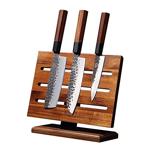 MITSUMOTO SAKARI Japanese Magnetic Knife Holder, 12.5-Inch Acacia Wood Double Sided Knife Block, Heavy Duty Magnet Stand for Chef & Steak Knives