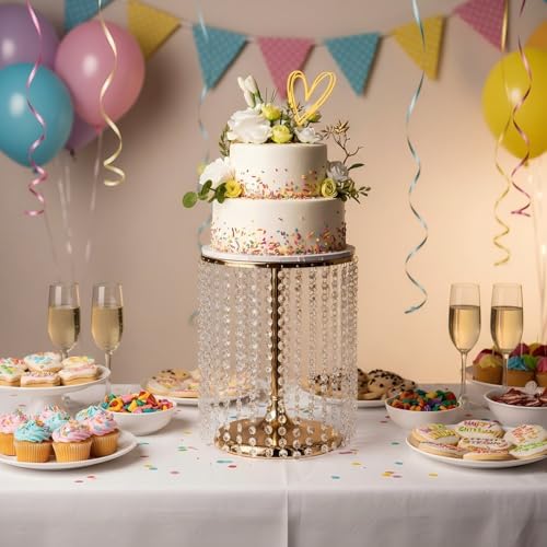 Wedding Cake Stand for Dessert Table 12 Inch Gold Crystal Pendants Metal Cake Stand Serves as A Round Dessert Cupcake Display Plate 16 Inch Tall (Gold) - color: Gold, size: Large