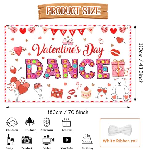AIBIIN Valentines Day Backdrop Happy Valentine's Day Dance Party Banner Decorations Red Heart Valentines Day Party Decor Backdrops for Photography 70.8x43.3 inch - color: White, size: 70.8 x 43.3inch
