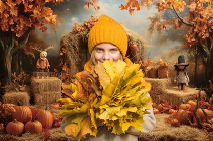 Fall Thanksgiving Backdrop 8x6ft Vinyl Autumn Pumpkin Maple Leaves Harvest Scarecrow Rustic Wood Door Photoshoot Photography Background Decorations Baby Birthday Portrait Studio Booth Props - size: 8X6FT