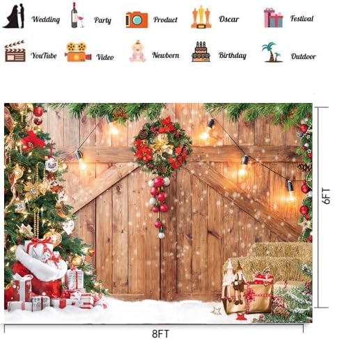 CHAIYA 8x6ft Christmas Backdrop Rustic Christmas Barn Wood Door Backdrop for Photography Xmas Tree Snow Wall Background Xmas Party Supplies Family Kids Party Banner Decorations Backdrops - size: 8′x6′