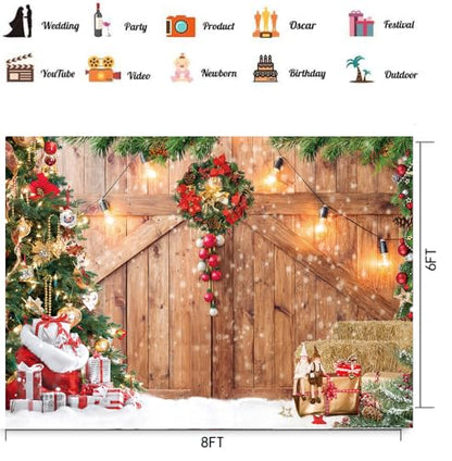 CHAIYA 8x6ft Christmas Backdrop Rustic Christmas Barn Wood Door Backdrop for Photography Xmas Tree Snow Wall Background Xmas Party Supplies Family Kids Party Banner Decorations Backdrops - size: 8′x6′