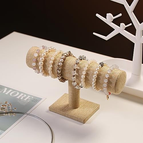 T-Bar Bracelet Holder, Natural Linen Bracelet Display Stand For Store Show, Hair Tied Watch Jewelry Organizer Rack For Selling Show (Yellow Linen) - color: Yellow Linen