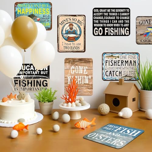 WERNNSAI Fishing Party Decorations - 9 PCS Gone Fishing Birthday Party Decorations for Boys - Fisherman Fish Theme - Vintage Wall Decor for Home Garden Yard - style: Fishing
