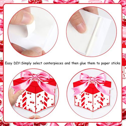 24 Pcs Pink Cherry Photo Booth Props Set, Cherry Happy Birthday Photography Posing Selfie Props with Sticks, Summer Fruit Theme Photo Shoot for Bday Baby Shower Party Supplies