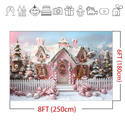 Mocsicka Pink Christmas Backdrop Christmas House Cane Candy Winter Christmas Party Photography Decoration Background Holiday Party Photo Prop Supplies (8x6ft) - size: 8x6ft