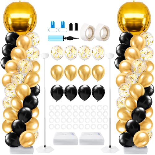 2 Sets Gold and Black Graduation Balloon Column Stand Kit for Class of 2026, Adjustable Floor Balloon Arch Tower with Foil & Latex Balloons, DIY Decor for Grad Ceremony Backdrop - color: Gold and Black