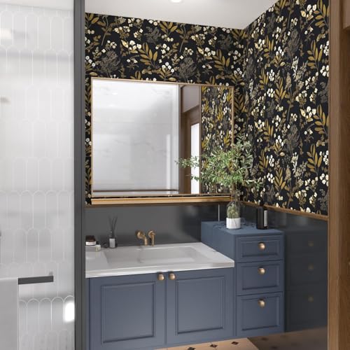 Laatse Leaf Wallpaper Peel and Stick Dark Floral Wallpaper 17.5in x 197in Vintage Leaf Contact Paper Vinyl Waterproof Self Adhesive Boho Botanical Wall Paper for Bedroom Cabinet Décor - color: Black&Golden, size: 197" x 17.5"