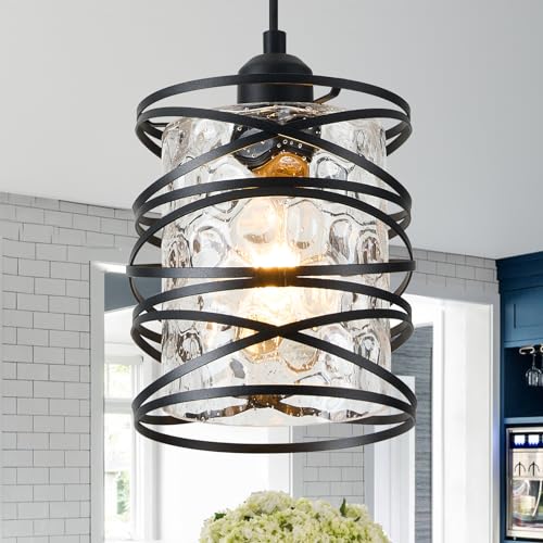 Hammered Glass Pendant Light, Black Metal Spiral Cage Hanging Lamp, Adjustable Height Modern Hanging Light Fixture for Kitchen Island, Dining Room, Living Room, Hallway, Entryway - color: 1-Pack Hammered Glass 6.30in