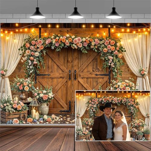 5x3ft Western Wedding Backdrop Rustic Barn Door Photography Backdrop Farmhouse Pink Flower Cabin Wooden Birthday Baby Shower Country Anniversary Bridal Party Banner Photo Booth Props Background - color: Multi90, size: 5X3FT