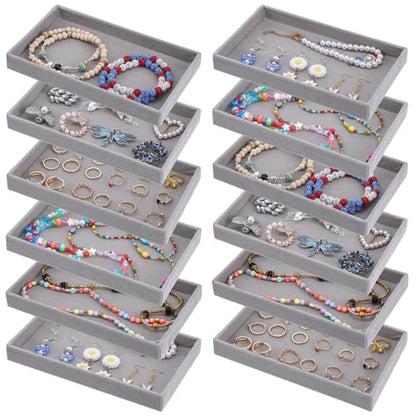 12 Pcs Small Velvet Jewelry Trays Stackable Jewelry Drawers Organizer Trays, Jewelry Storage Display Trays for Necklace Earring Ring Bracelet, Grey (8.26 x 4.92 x 0.98 Inches)