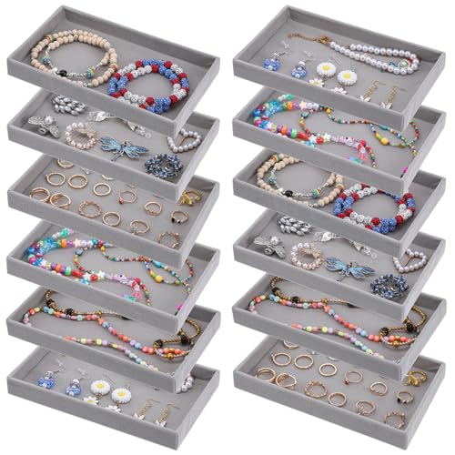 12 Pcs Small Velvet Jewelry Trays Stackable Jewelry Drawers Organizer Trays, Jewelry Storage Display Trays for Necklace Earring Ring Bracelet, Grey (8.26 x 4.92 x 0.98 Inches)