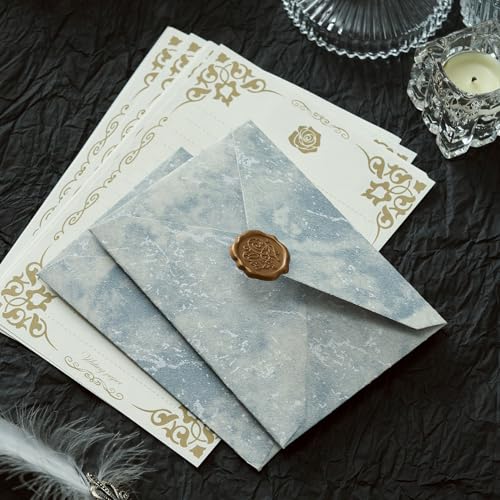 48 Pcs Stationery Set with Envelopes (24 White Kraft Paper Sheets +12 Marble Texture Envelopes+12+Wax Seal Stickers), Premium Stationery Letter Writing Paper Set for Party Invitations (Blue) - color: Blue