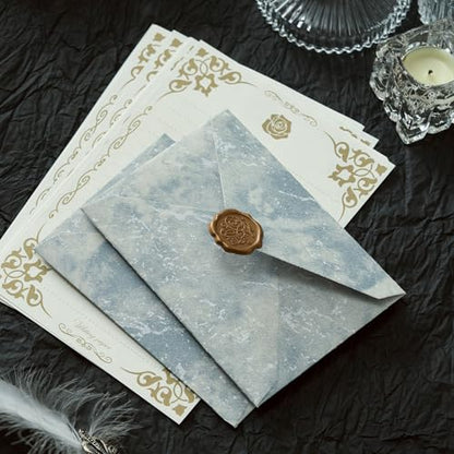 48 Pcs Stationery Set with Envelopes (24 White Kraft Paper Sheets +12 Marble Texture Envelopes+12+Wax Seal Stickers), Premium Stationery Letter Writing Paper Set for Party Invitations (Blue) - color: Blue