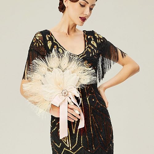 BABEYOND Vintage Bridal Feather Bouquet 1920s Ostrich Feather Fan Crystal Bridesmaid Bouquet 20s Gatsby Wedding Bouquet Flapper Accessories (Champagne) - color: Champagne