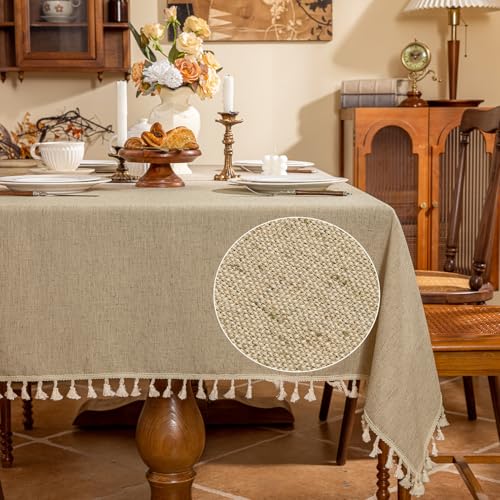 AmHoo Linen Blend Tablecloth Table Cloth 280 GSM Stitching Tassel Rectangle Decorative Natural Table Cover for Kitchen Dinning Wedding Buffet 55×86 inch Natural - color: Natural, size: 55×86 inch