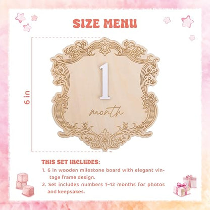 Vintage Wooden Baby Monthly Milestone Set, Elegant Engraved Frame with 3D Numbers and Month Months Signs, Newborn Photo Prop for Baby Monthly Pictures