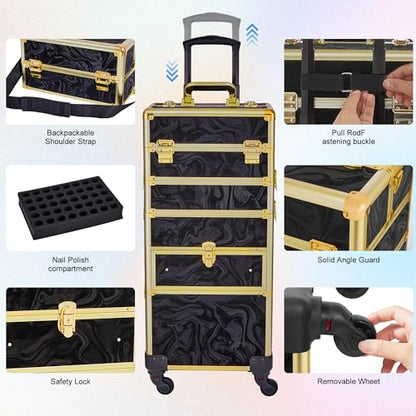 Somduy Rolling Makeup Case with Drawer, Makeup Train Case, 4 in 1Cosmetology Case on Wheels, Christmas Gift, Large Makeup Organizers, Profesional Cosmetic Case for Salon Barber, Pattern Black Gold - color: Black Gold