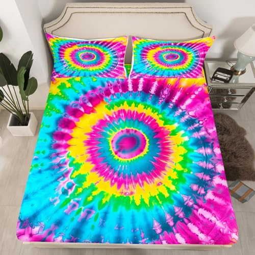 Rainbow Tie Dye 4-Piece Sheet Set, Full Size, Deep Pocket Fitted Sheet, 2 Pillow Cases - color: Multi 05, size: Full