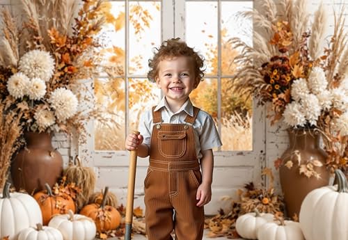Kate Fall Photography Backdrops Autumn Harvest Pumpkin White Brick Wall Boho Theme Photography Props, 8x8ft