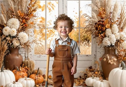 Kate Fall Photography Backdrops Autumn Harvest Pumpkin White Brick Wall Boho Theme Photography Props, 8x8ft