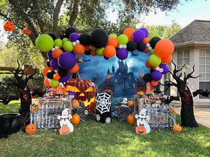 Halloween Backdrop 10x8ft Blue Horror Full Moon Night Pumpkin Lantern Bats Scary Castle Photography Background for Spooky Party Decorations Banner Photo Booth Props