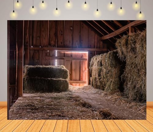 12x8ft Inside Old Dirty Barn Backdrop Hay Bales Dark Wood Beams Barn Interior Photography Background Haystack Country Farmhouse Backgrounds Party Photoshoot Props - size: 12x8ft