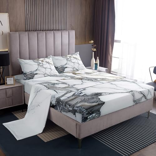 Feelyou Black White Marble Bed Sheets Set Twin Size Modern Marble Aesthetic Sheet Set Retro Watercolor Artwork Design Sheets with Deep Pocket Fitted Sheet Abstract Marble Texture Printed Bedding Set - color: Black White, size: Twin