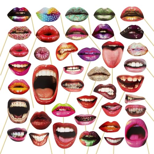 40Pcs Funny Lips Mouth Photo Booth Props with Sticks - Valentine's Day Party Selfie Accessories for Couples Date, Halloween, Birthday, Wedding & Graduation Decorations - style: Funny Lips Props