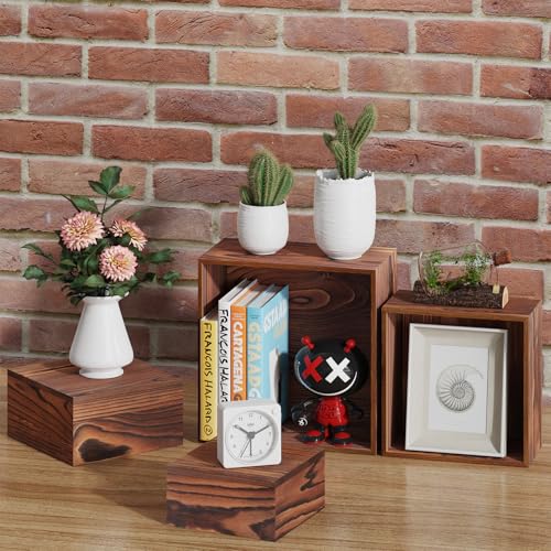 6 PCS Wooden Buffet Risers, Wood Display Risers for Food, Wooden Square Risers Display Stands, Food Risers for Buffet Table (10", 9" , 8", 7", 6", 5") with 67" Faux Greenery Vine