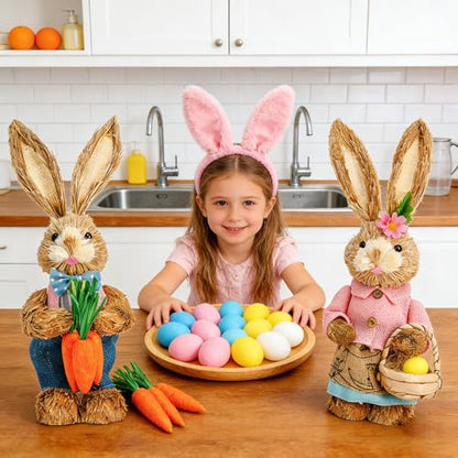 Easter Bunny Decor 13.38 in Standing Sisal Rabbit Figurine Handmade Easter Straw Mr. Bunny Statues Spring Straw Bunny Cute Photo Props Gifts for Farmhouse Spring Home Porch Decor Easter Table Decor