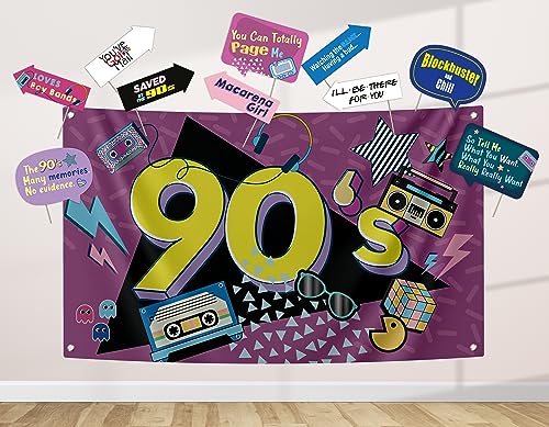 90s Party Decoration Kit - Includes Photography Backdrop & 10 Studio Selfie Photo Booth Props with Sticks - 90's Retro Style Hip Hop Theme Studio Background Banner Supplies - size: 90s