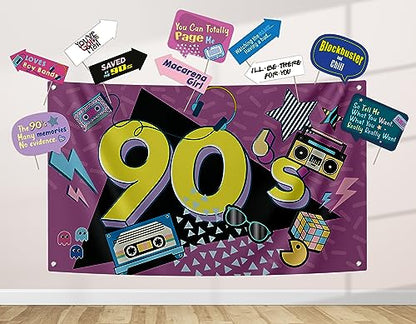 90s Party Decoration Kit - Includes Photography Backdrop & 10 Studio Selfie Photo Booth Props with Sticks - 90's Retro Style Hip Hop Theme Studio Background Banner Supplies - size: 90s