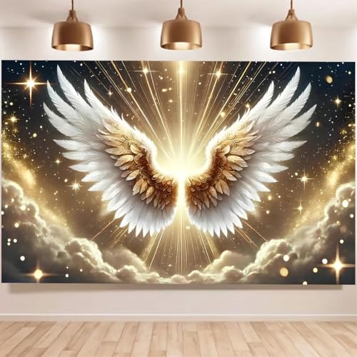 Platinum Gradient Angel Wings Birthday Backdrop Deep Starry Sky Golden Holy Light Clouds Baby Pregnant Bride Pregnant Bride Photography for Weddings Coming-of-Age Ceremonies(B, 9X6FT) - color: B, size: 9X6FT