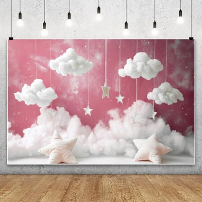 Yeele 10x6.5ft Girl Baby Shower Backdrop Starry Star Pillow White Clouds Pink Sky Photography Background for 1st 2nd Girl Birthday Party Baby Shower Party Newborn Portrait Photo Shoot Prop Decor - size: 10x6.5ft
