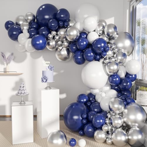 MEBAY Blue White Silver Balloons Garland Arch Kit, 141Pcs Latex Balloons Different Sizes 18 12 10 5 Inch for Birthday Anniversary Graduation Wedding Party Decorations - color: 141-blue-white-silver