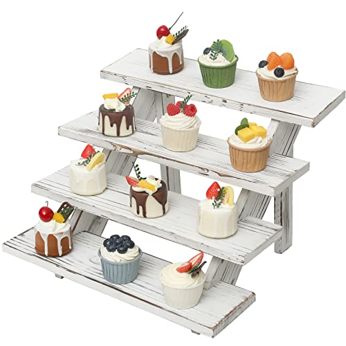 SwallowLiving Wooden Rustic Cupcake Stand for 24 Cupcakes, Stepped Wood Display Stand for Weddings, Tiered Party Table Display Riser for Food , Dessert, Cookie, Decor, Craft Show, White - color: White | 4-tier
