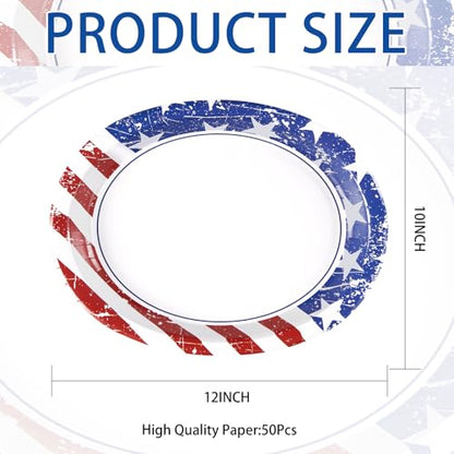 50Pcs Patriotic Oval Paper Plates 10" X 12" Large Heavy Duty 250 Anniversary 4th of July American Flag Plates Red Blue and White Platters for President Election Independence Memorial Day Decorations - style: 50Pcs 4th of July Oval Paper Plates