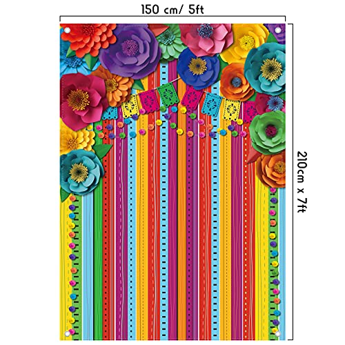 Tatuo 7 x 5 ft Mexican Fiesta Backdrop Cinco De Mayo Decorations Paper Flower Photography Background Colorful Flag Floral Striped Banner Fabric Props for Photo Mexican Party Decor - size: 7 X 5 Ft