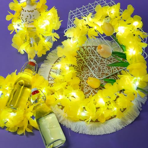 Sherr 24 Pcs LED Light Yellow Leis Light up Wedding Hawaiian Leis Flower Necklace with LED Lights Beach Tropical Carnival Party Wedding Supplies Luau for Masquerade - color: Bright Yellow