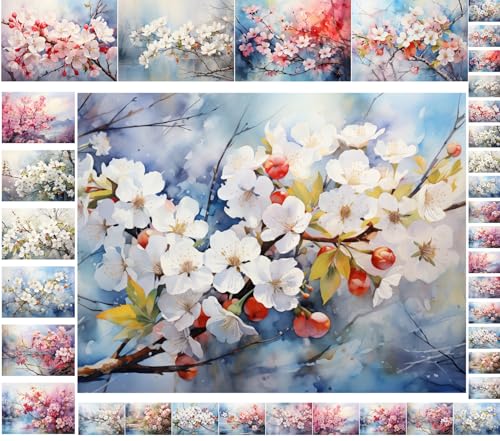 Decoupage Paper Pack (35 Sheets 6"x8") Sakura Serenity: Delicate Cherry Blossoms in Blooming Splendor Along Gentle Water Reflections, Creating a Tranquil, Springtime Atmosphere FLONZ Vintage - color: Fourteen